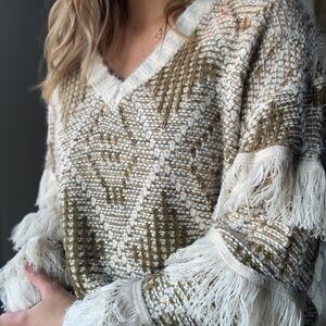 Cozy V-Neck Fringe Knit Southwest Sweater - Cream & Olive